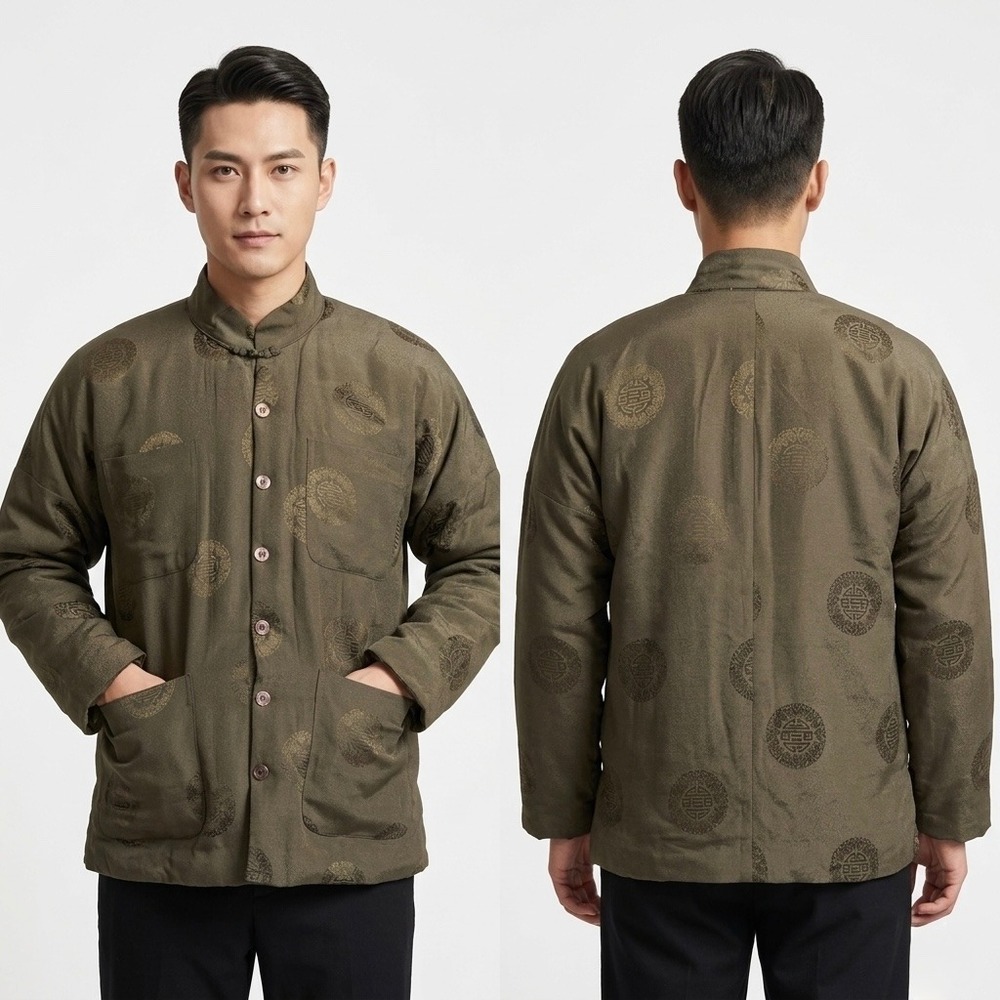 Swan Brand Men Muted Olive Green Quilted Down Jacket Chinese Tang Suit Small VTG